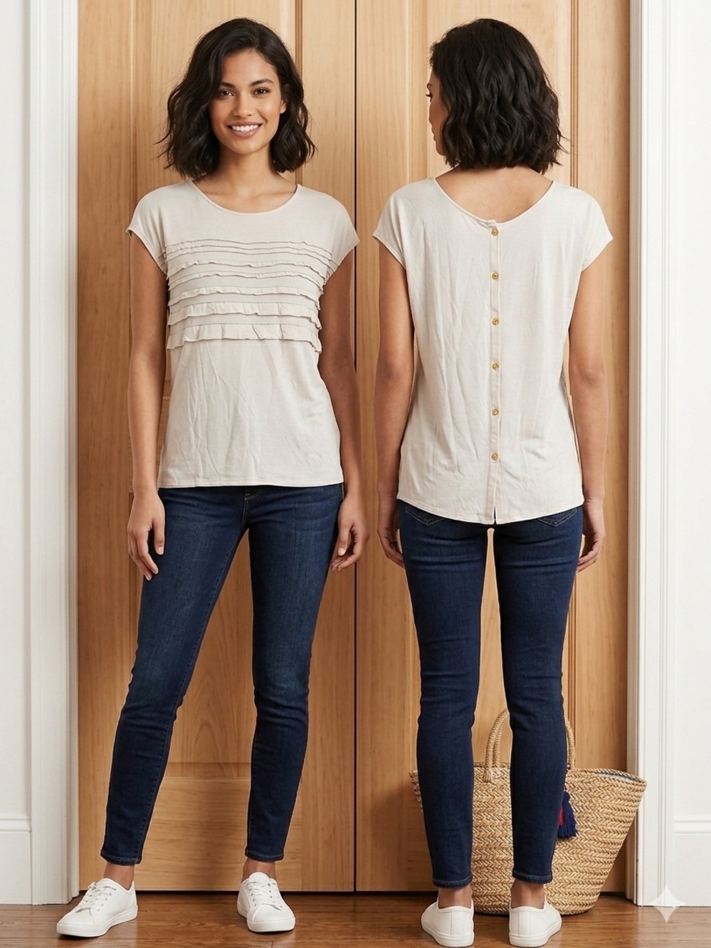 RW&CO Cream Short Sleeve Ruffle Front Button Back Tee